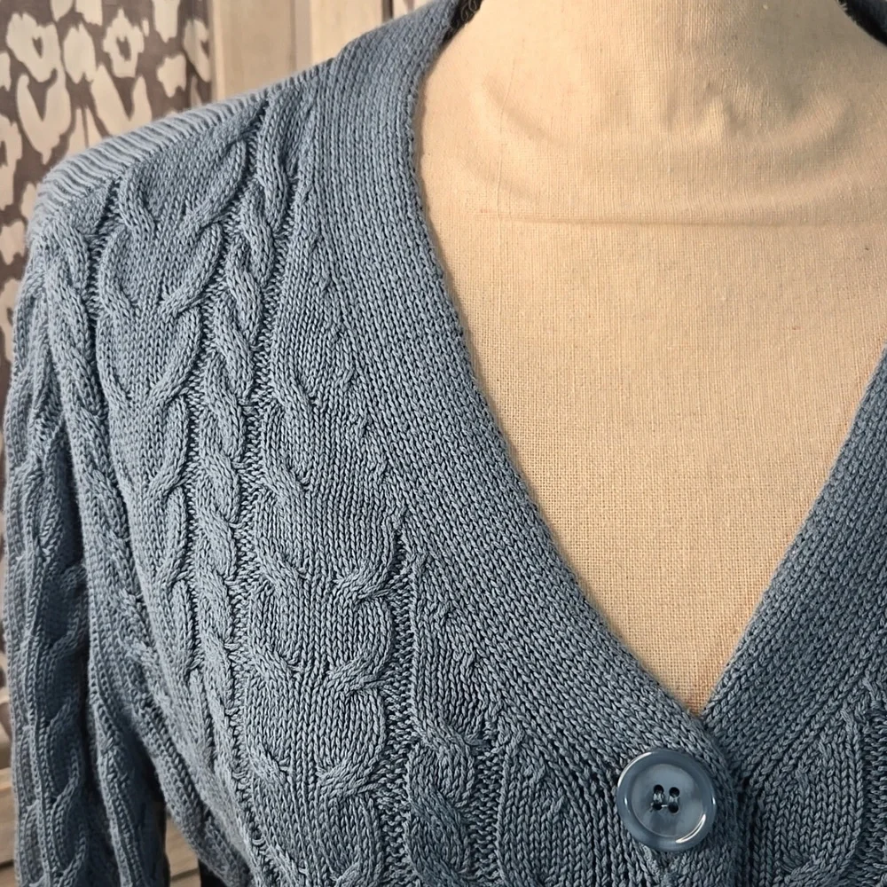 NWOT Belle by Kim Gravel Smoke Blue Cable Knit Cardigan Hip-Length - Picture 2 of 11